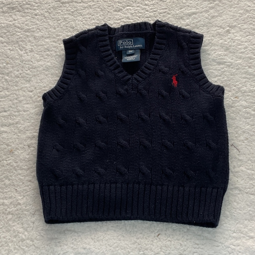 Infant Ralph Lauren Dark Knit Vest with Red Accent